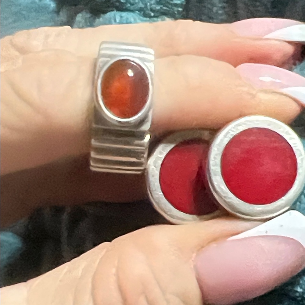 Sterling Silver Red Carnelian ring and earrings set.